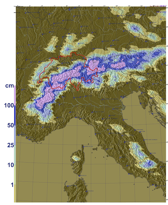 Schneehöhen in Europa.
