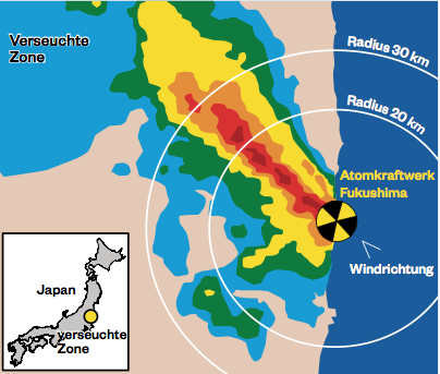 So breitete sich die radioaktive Wolke im März 2011 nach der Atomkatastrophe in Fukushima aus. Rot die am stärksten verseuchte, verbotene Zone (100 Millisievert pro Jahr). Orange und gelb Zonen, in denen die Evakuation empfohlen wird.