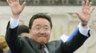 In this Sunday, June 23, 2013 photo, Mongolia's incumbent President Elbegdorj Tsakhia of the ruling Democratic Party waves at