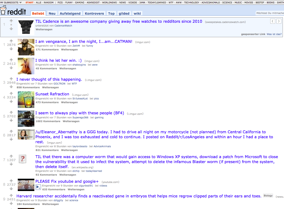 Screenshot of Reddit's front page