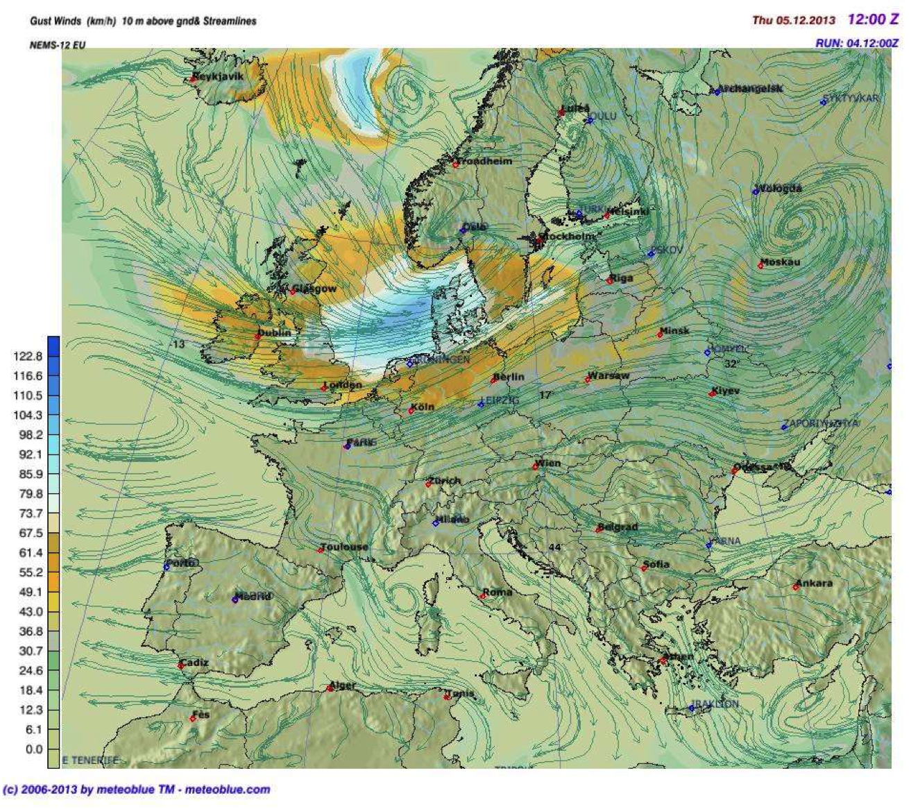 Windgeschwindigkeiten über Europa: Vorhersage für 05.12.2013, 13:00 Mitteleuropäische Zeit.
