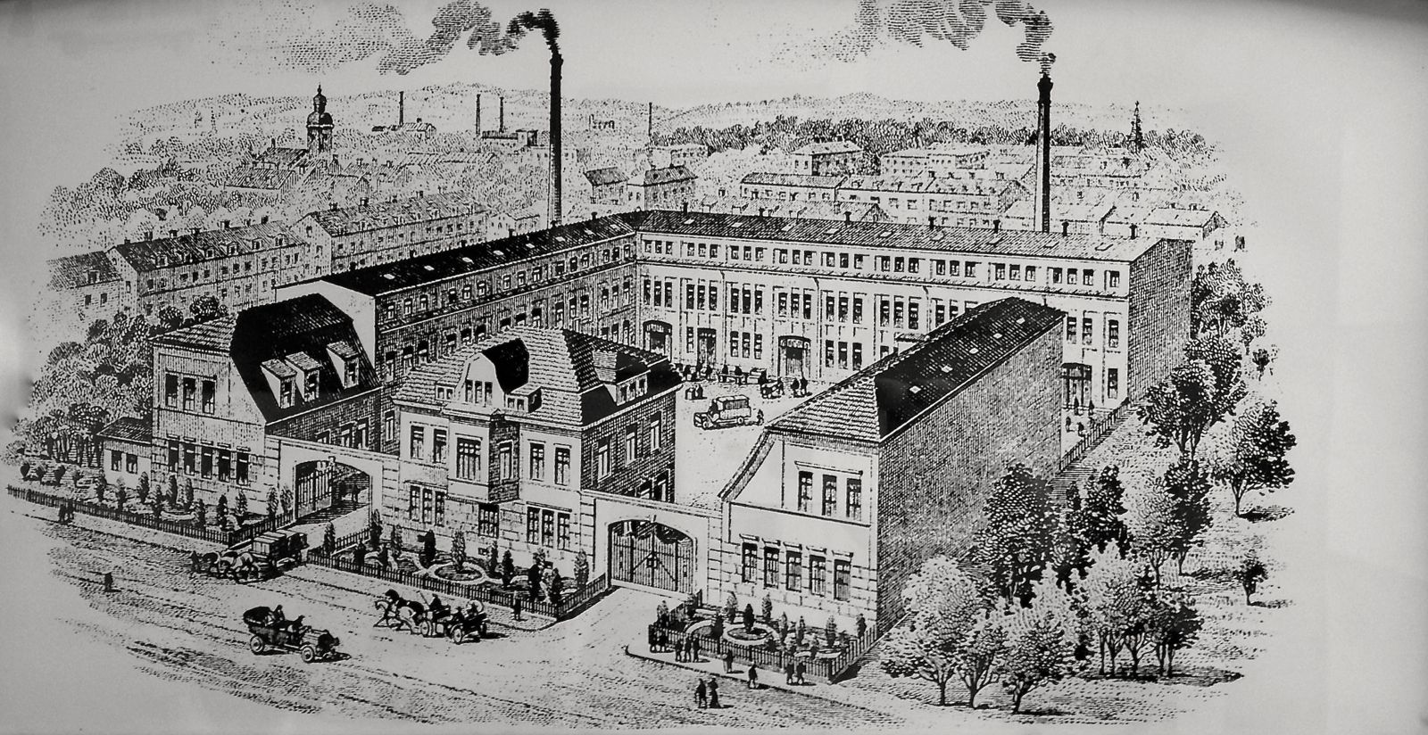 Der Briefkopf der ehemaligen Heizkörperfabrik machte aus der tatsächlich kleinen eine fiktive grosse Fabrik mit Kaminen, die nie existierten.