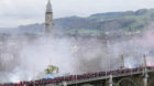 Fans of FC Basel walk across the Kornhausbruecke prior to the Swiss Cup final soccer match between FC Basel and FC Zuerich at