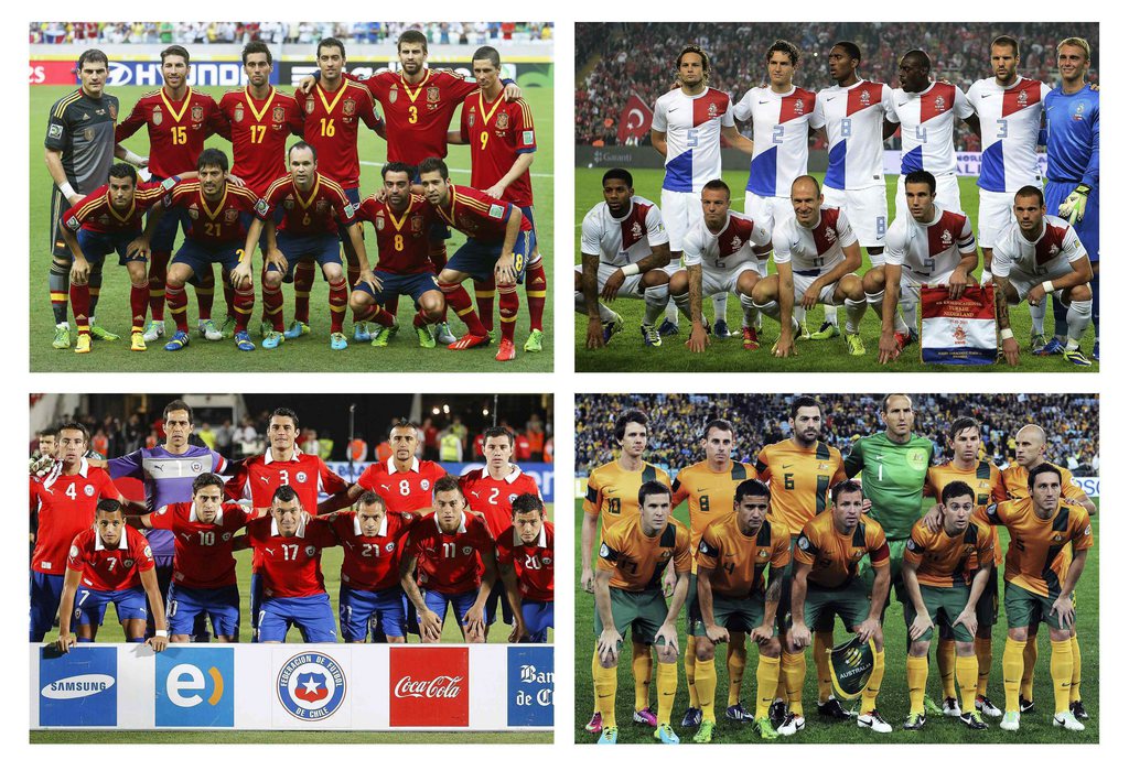 epa03979889 Combo picture that show the team photos of the teams of the B group of the 2014 FIFA World Cup Brazil: Spain (up-L) Holland (up-R), Chile (down-L) and Australia (down-R) after the final draw of the preliminary round groups held in Costa do Sau