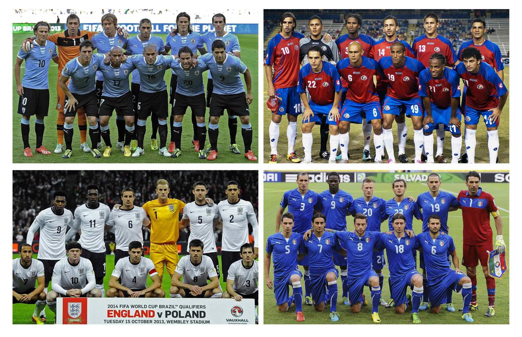 epa03979886 Combo picture that show the team photos of the teams of the D group of the 2014 FIFA World Cup Brazil: Uruguay (up-L), Costa Rica (up-R), England (down-L) and Italy (down-R) after the final draw of the preliminary round groups held in Costa do