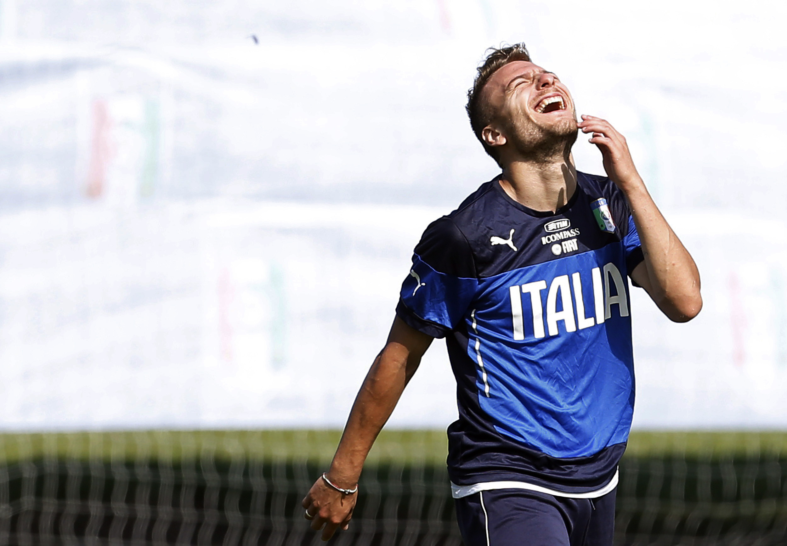 Italy's national soccer player Ciro Immobile laughs during a training session at the Portobello training center in Mangaratiba June 16, 2014. Italy will face Costa Rica during their  2014 World Cup Group D soccer match on June 20.  REUTERS/Alessandro Garo
