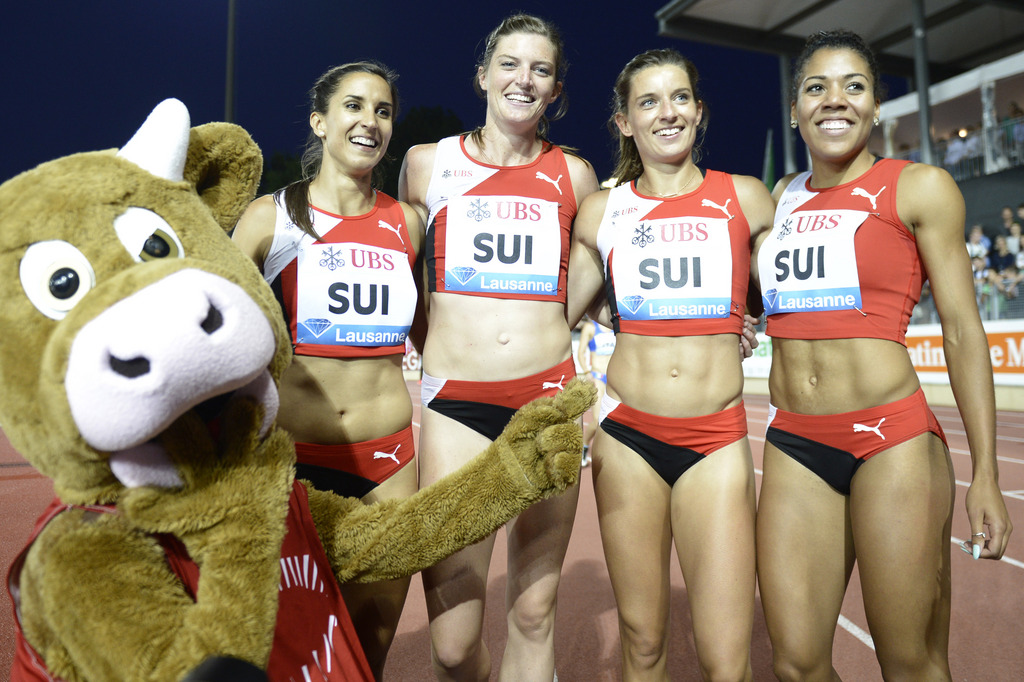 Die Vier von 100-Meter-Staffel: Marisa Lavanchy, Lea Sprunger, Ellen Sprunger und Mujinga Kam, Schweizer Rekordhalterinnen und Medaillenaspirantinnen.