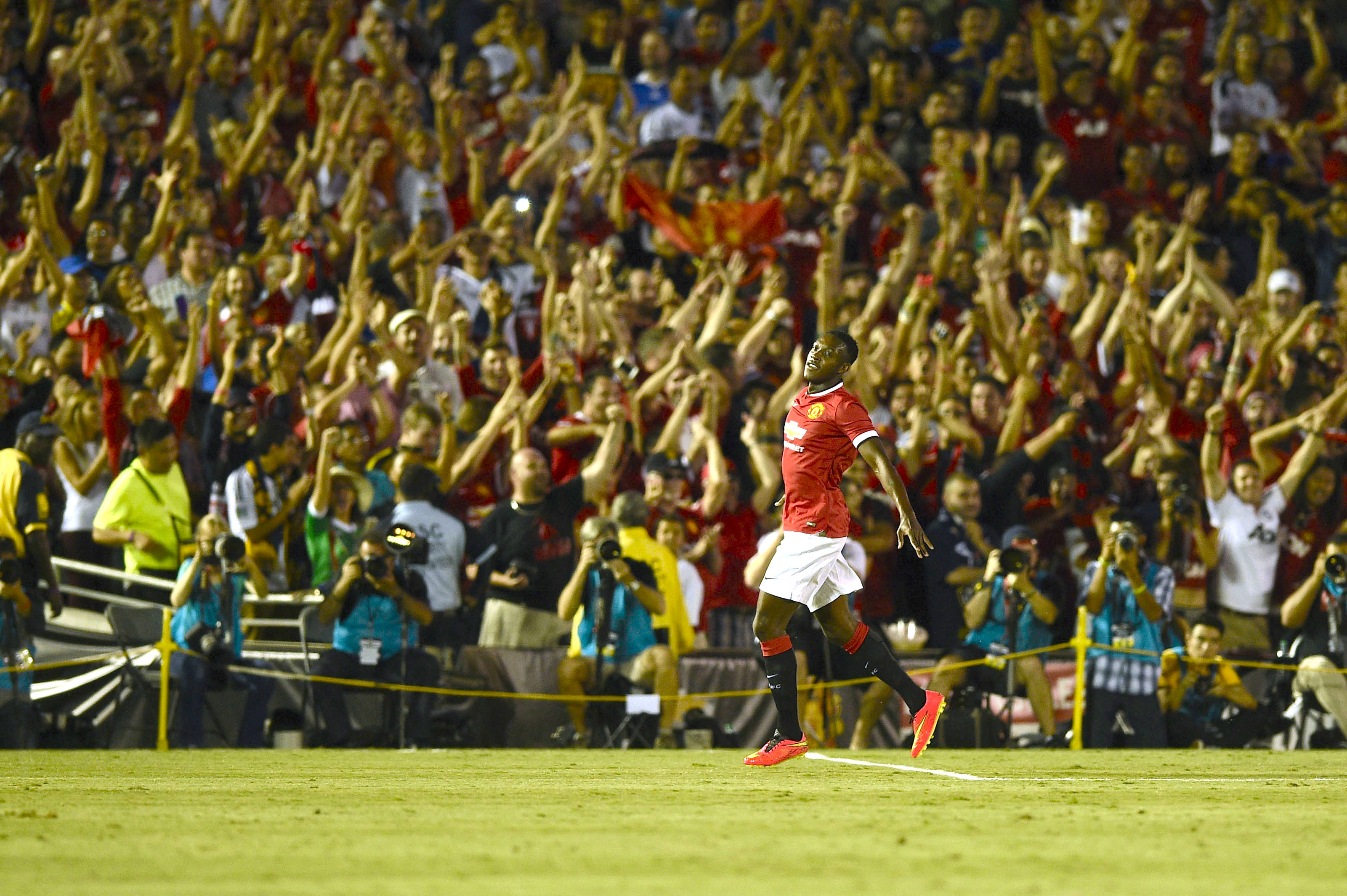 Jul 23, 2014; Pasadena, CA, USA; Manchester United forward Danny Welbeck (19) celebrates after scoring a goal against the Los Angeles Galaxy during the first half at Rose Bowl. Mandatory Credit: Kelvin Kuo-USA TODAY Sports