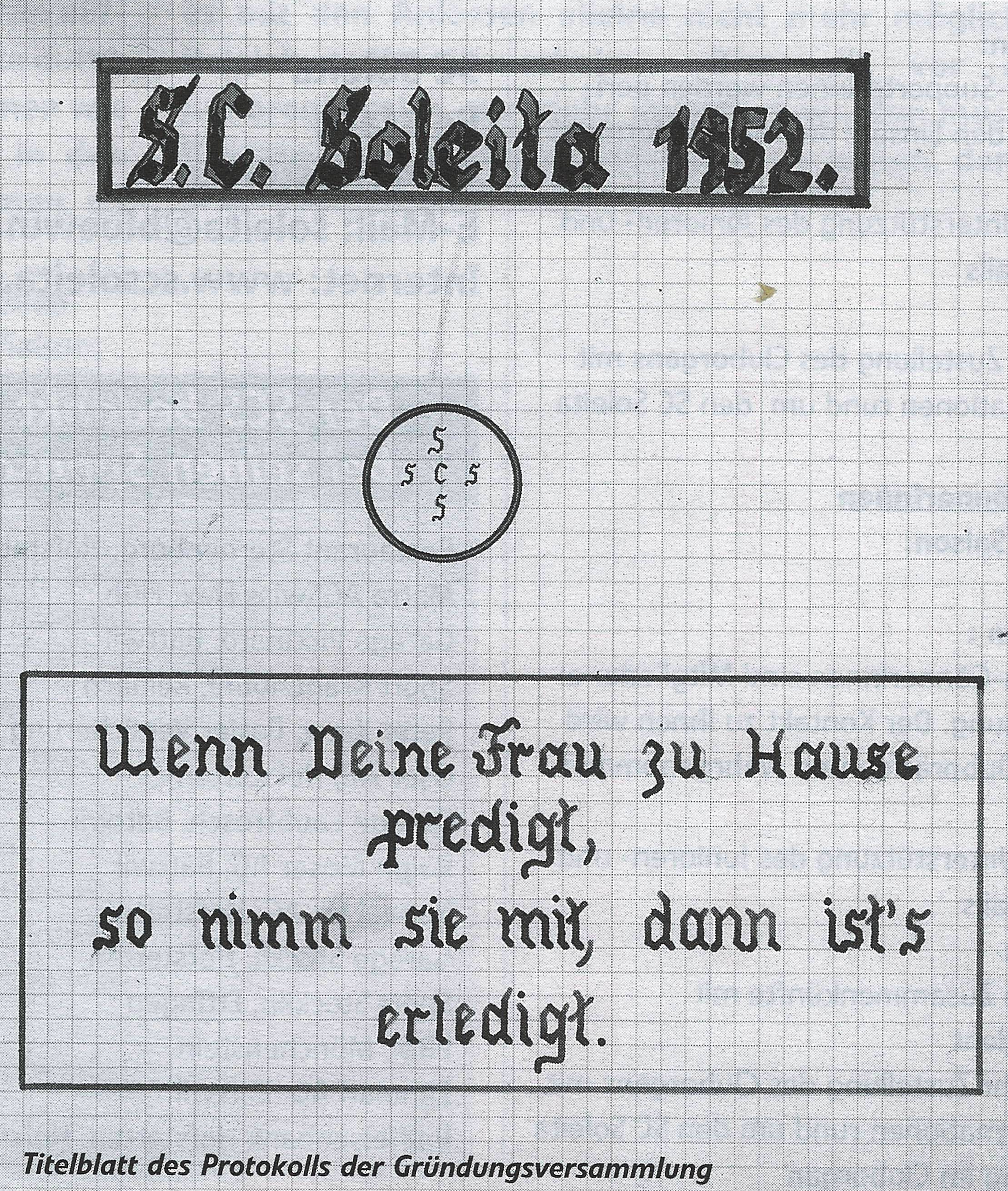 Das Titelblatt des Gründungsprotokolls des SC Soleita.