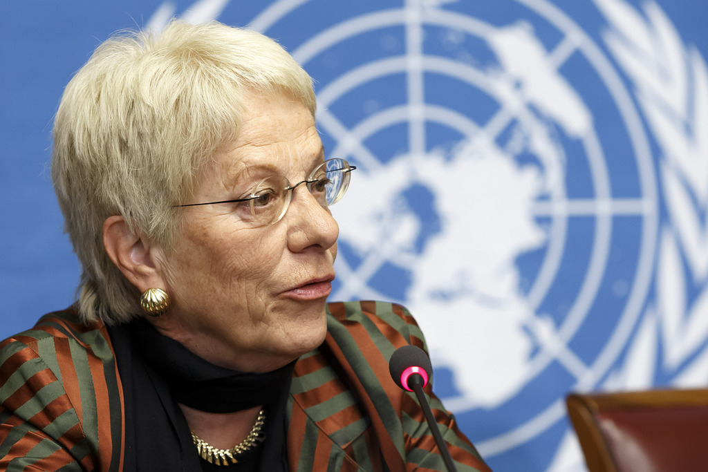 Switzerland's Carla del Ponte, a member of the Commission of Inquiry on Syria, speaks to the media during a press conference after the session of the Human Rights Council on the report of the Commission of Inquiry on Human Rights in Syria, at the European
