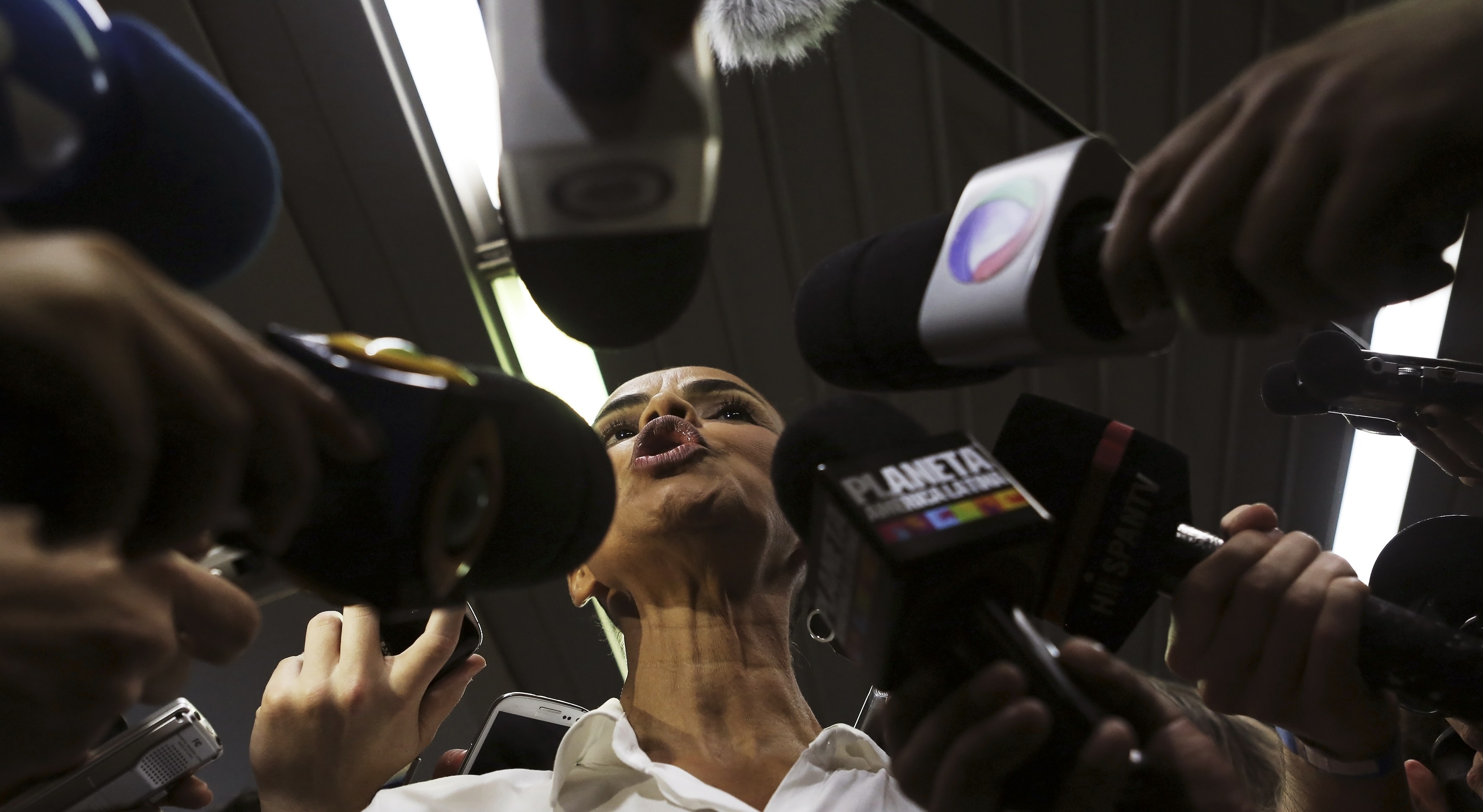 Presidential candidate Marina Silva of Brazilian Socialist Party (PSB) speaks with journalists after an interview with the Estado of Sao Paulo newspaper, in Sao Paulo September 2, 2014. Brazil will be be holding its general elections on October 5, 2014, t