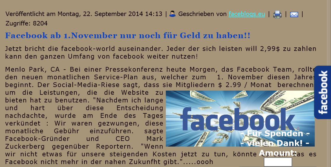 Achtung Fake: Meldungen, dass Facebook ab November gebührenpflichtig wird, sind falsch.