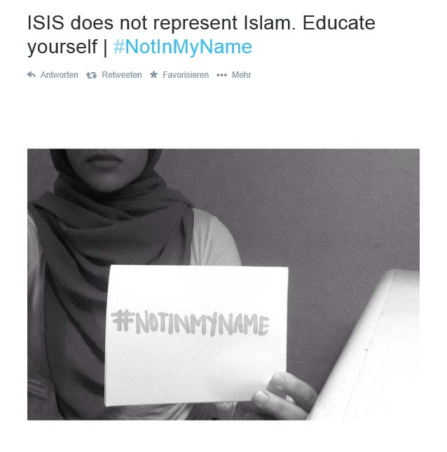 Junge Muslime distzanzieren sich unter dem Hashtag #notinmyname von den Gewaltaten des IS. 