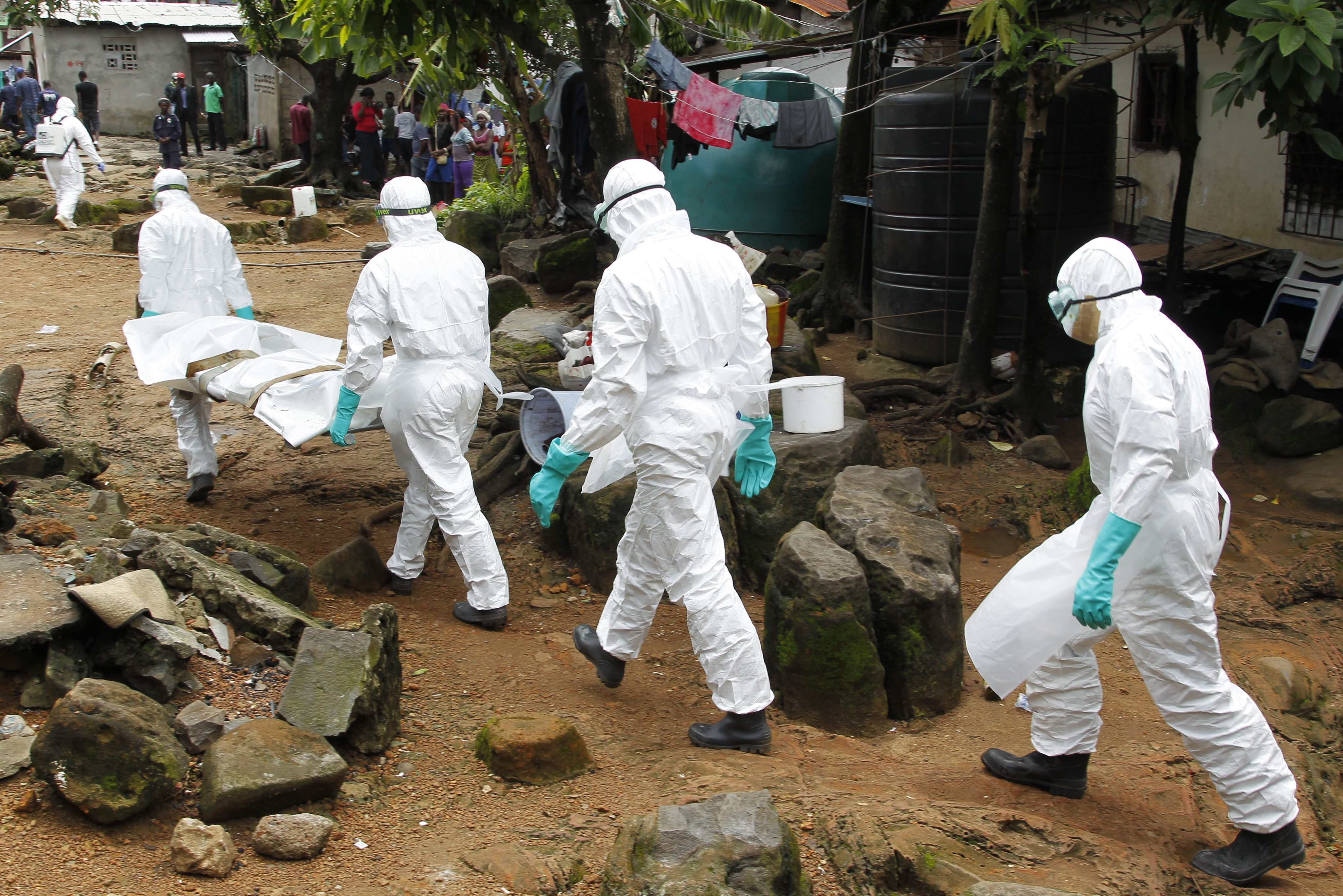 In Monrovia (Liberia) wird ein Ebola-Opfer von Krankenpflegern weggetragen.