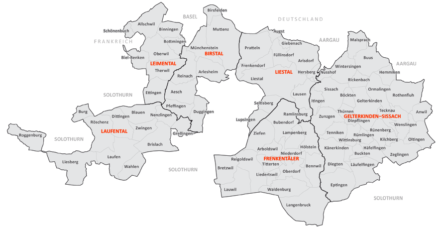 Die Kesb Baselland ist in sechs Bezirke aufgeteilt: Laufental, Leimental, Birstal, Liestal, Frenkentäler und Gelterkinden-Sissach.