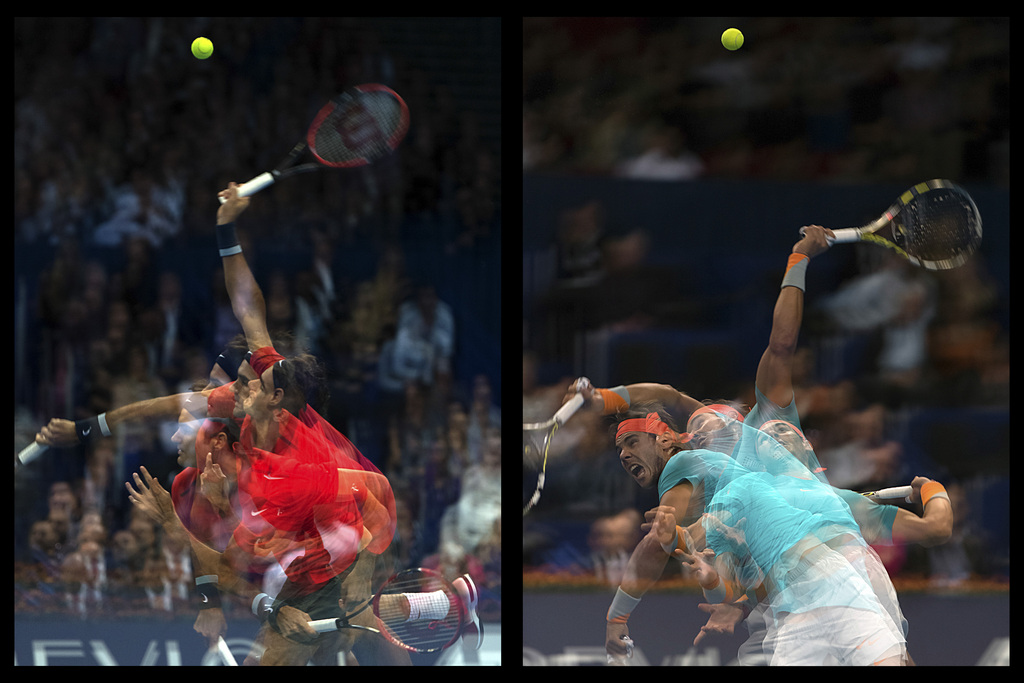 Komposition der Aufschlaege von Roger Federer, links, und Rafael Nadal, rechts, aufgenommen als Mehrfachbelichtung an den Swiss Indoors in der St. Jakobshalle in Basel, am Mittwoch, 22. Oktober 2014. (KEYSTONE/Georgios Kefalas)