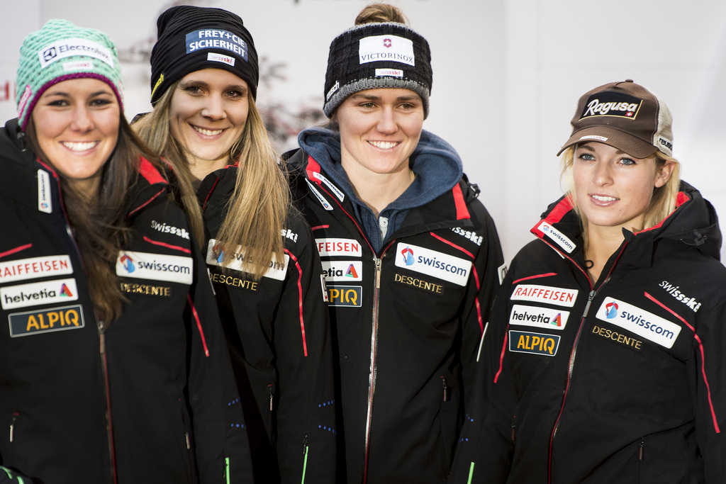 Swiss skiers Wendy Holdener, Andrea Ellenberger, Fabienne Suter, and Lara Gut, from left to right, smile during press event of the FIS Alpine Ski World Cup season in Soelden, Austria, Thursday, October 23, 2014. The Alpine Skiing World Cup season 2014/2015 will be openend on 25 and 26 October 2014 in Soelden, the traditional start of the FIS Ski World Cup. (KEYSTONE/Jean-Christophe Bott)
