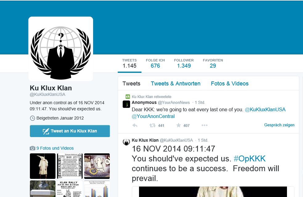 Hackitivisten kündigen dem Ku-Klux-Klan schon länger einen Cyberwar an. Am Sonntag übernahm die Organisation Anonymous zwei Twitteraccounts der rassistischen Organisation.