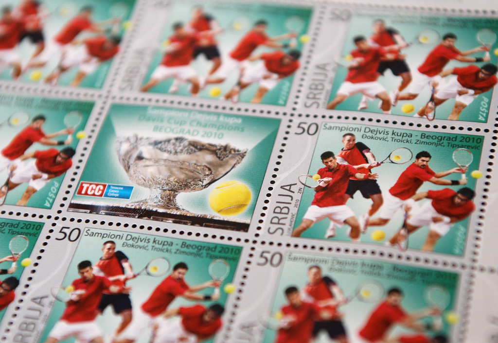 Serbian stamps featuring images of the Serbian Davis Cup team which won this year's title, from left: Novak Djokovic, Viktor Troicki, Nenad Zimonjic and Janko Tipsarevic, in Belgrade, Serbia, Tuesday, Dec.7, 2010. The Serbia Postal Company has issued the stamps to honor the team for its victory as many now consider them sports-heroes. (AP Photo/Darko Vojinovic)