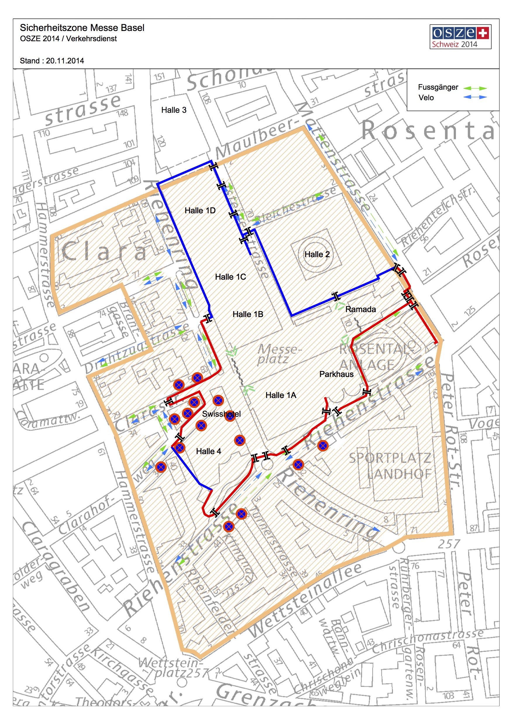 Sicherheitszone Messeareal: Das Gebiet, das rot (Gitter) und blau (bauliche Grenze) umrandet ist, ist Sperrzone, innerhalb der gelb-braunen Umrandung ist der motorisierte Verkehr eingeschränkt.