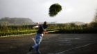 A competitor throws during the UK Christmas Tree Throwing Championships in Keele, central England , November 30, 2014. Partic