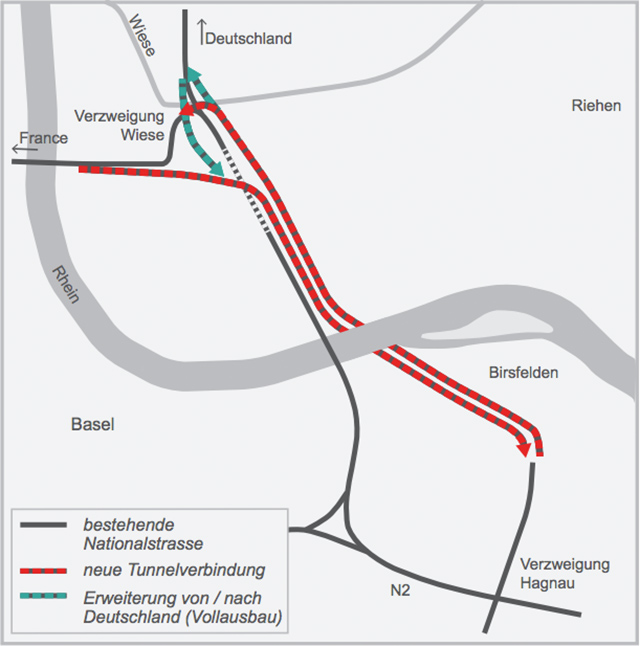 Der geplante Tunnel soll zwischen Birsfelden und der Ausfahrt Klybeck unter dem Rhein hindurch gebaut werden.