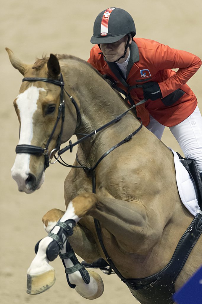 epa04555558 Switzerland's Claudia Gisler rides Cordel during the second round of the Longines Grand Prix at the equestrian show jumping CSI in Basel, Switzerland, 11 January 2015. EPA/GEORGIOS KEFALAS