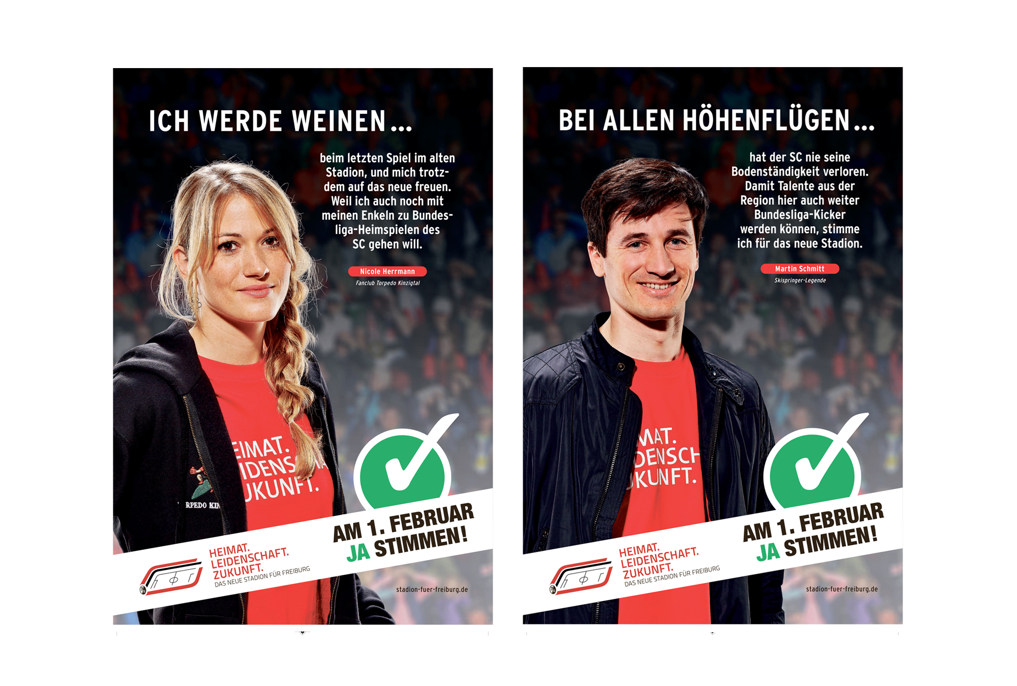 Abstimmungskampf: Mit solchen Plakaten – links eine Anhängerin, rechts der ehemalige Skispringer und bekennende SC-Fan Martin Schmitt – macht der SC Freiburg Werbung für den Stadionneubau.