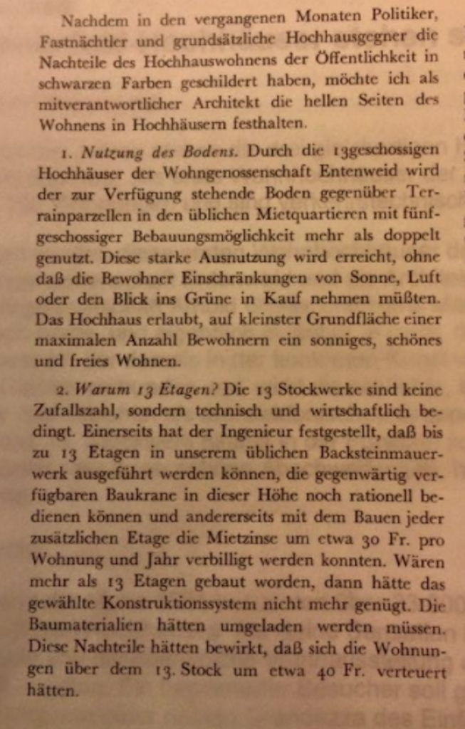 Auszug aus der Zeitschrift «Wohnen» 1951, in dem die Architekten den Bau der Entenweid-Siedlung rechtfertigen.