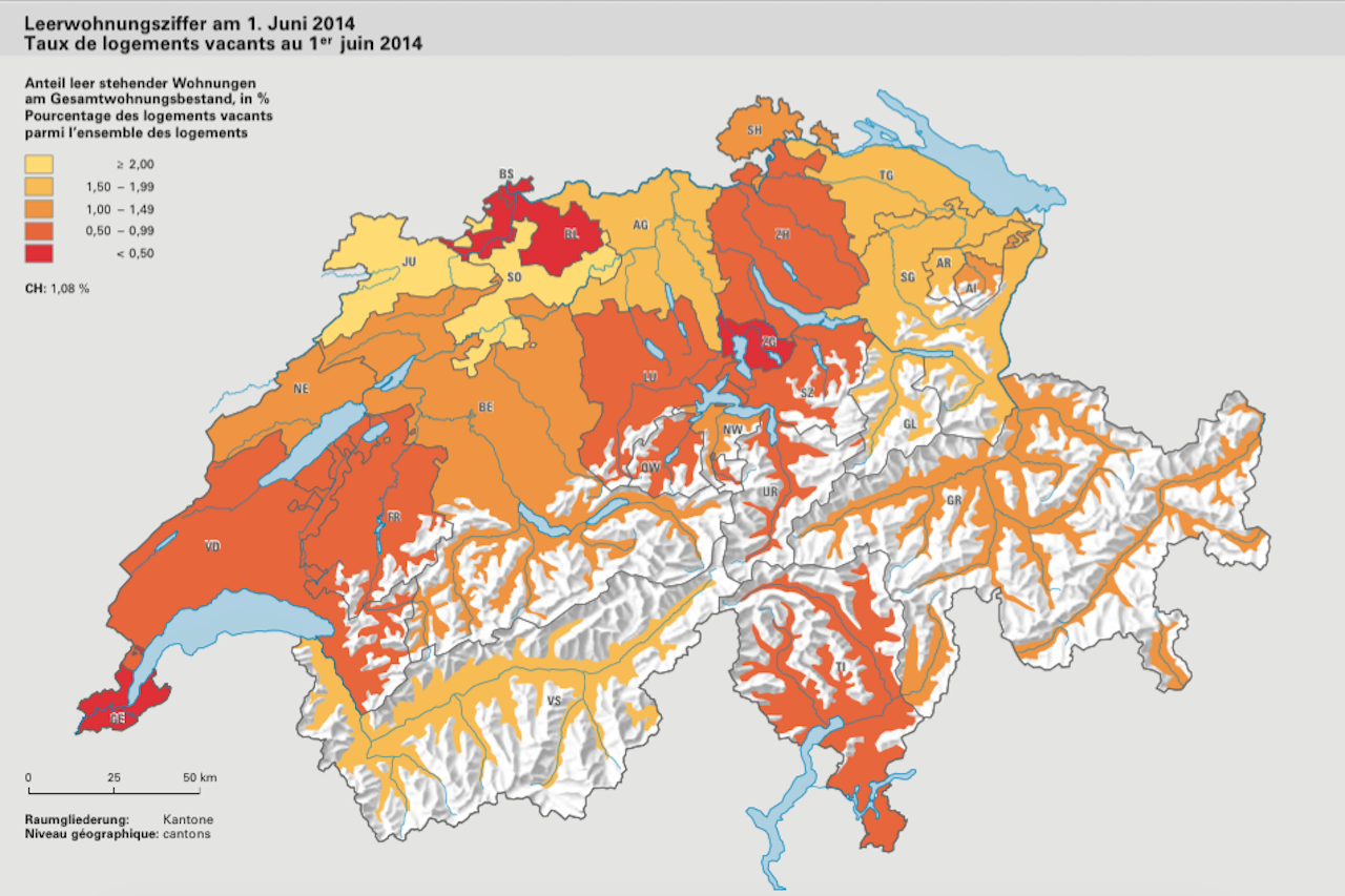 Leerstandsquote in Schweizer Kantonen per Juni 2014.