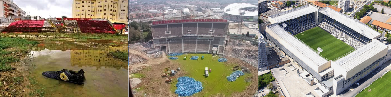 Stadionlandschaft von Porto: Das Estádio Engenheiro Vidal Pinheiro (links) des S.C. Salgueiros gibt es nicht mehr, das Antas (Mitte) wurde abgerissen und für den FC Porto das Dragao (Mitte, Hintergrund) gebaut, und Boavista spielt im Estádio do Bessa (rechts).