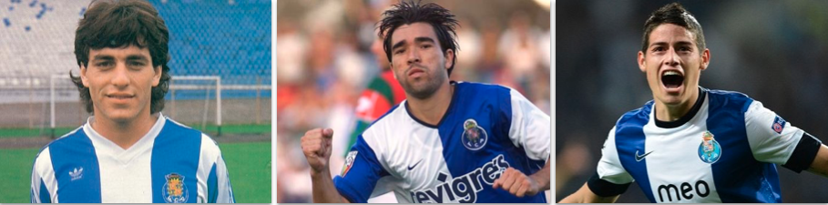 Portuenser Transfergeschichte: Paulo Futre (links) wurde 1987 für einen damals hohen, fast siebenstelligen Betrag zu Atletico Madrid abgegeben. Der Brasilianer Deco (Mitte) brachte 2004 beim Wechsel zum FC Barcelona 21 Millionen Euro, und James Rodriguez wurde 2013 mit 45 Millionen zum Rekordtransfer des FC Porto.