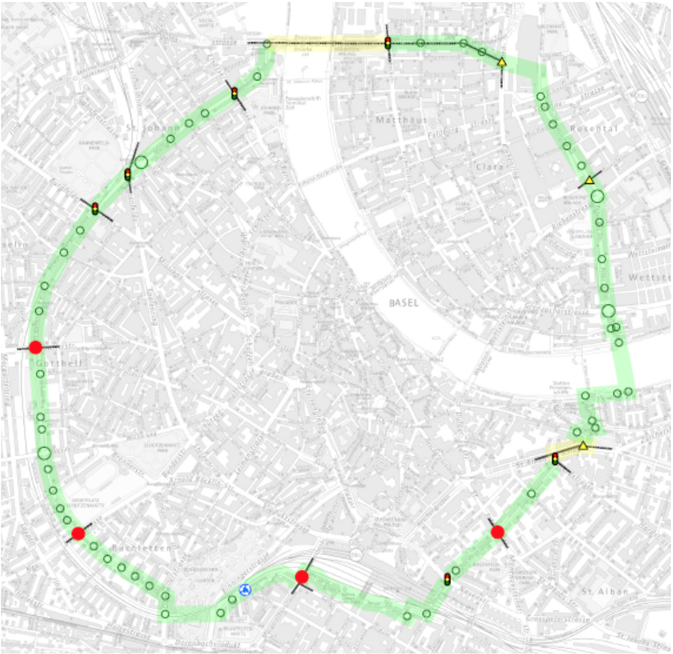 Die Karte zeigt den erwünschten Verlauf des Velorings. Mit den grünen Kreisen sind geforderten Vortrittsregelungen für den Veloverkehr gekennzeichnet. Die roten Punkte deuten die Ausnahmen davon an. Und mit den Querstrichen sind die Tramachsen gekennzeichnet, die sich mit dem Veloring kreuzen.