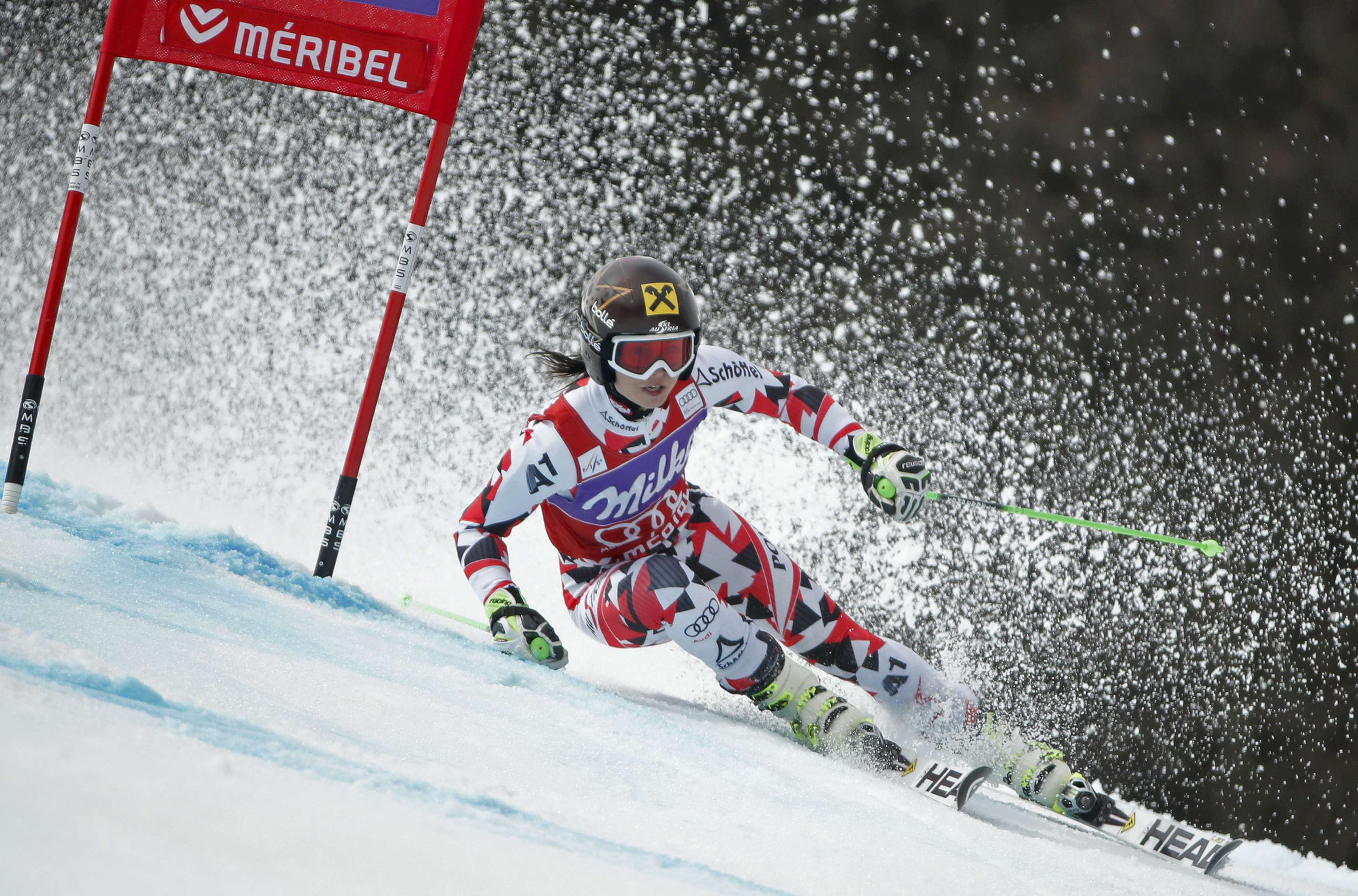 Anna Fenninger of Austria skis during the second run of the women's giant slalom race at the Alpine Skiing World Cup Finals in Meribel, in the French Alps, March 22, 2015 REUTERS/Christian Hartmann