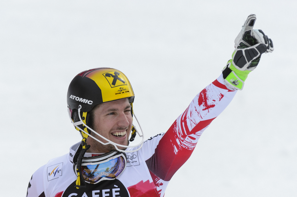 Marcel Hirscher of Austria reacts in the finish area during the second run of the men's Slalom race of the FIS Alpine Skiing World Cup Finals, in Meribel, France, Sunday, March 22, 2015. (KEYSTONE/Jean-Christophe Bott)