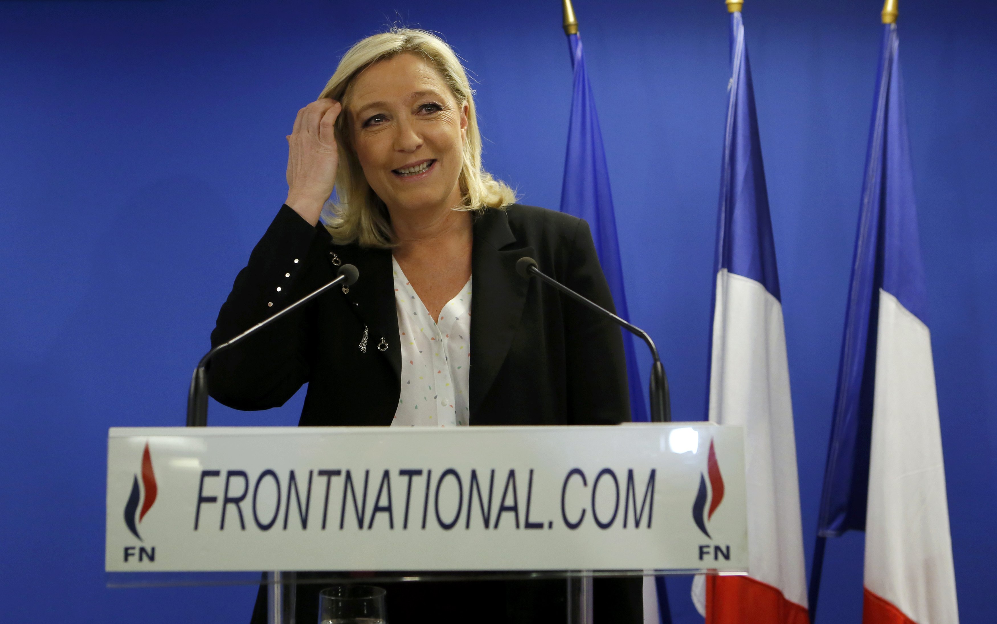 France's far-right National Front leader Marine Le Pen attends a news conference at their party's headquarters after the first round of French local elections in Nanterre, near Paris, March 22, 2015. REUTERS/Gonzalo Fuentes