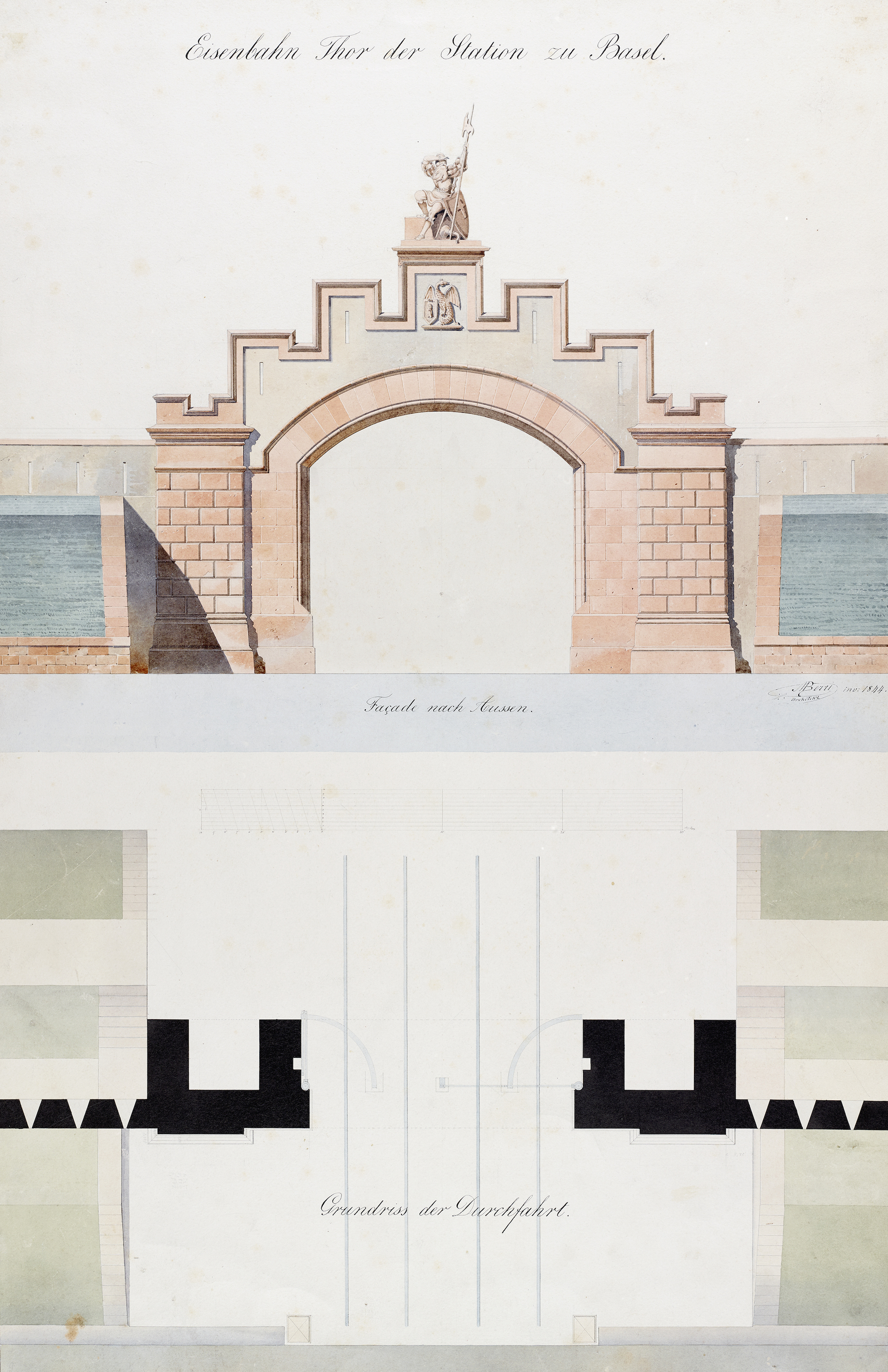 «Eisenbahn Thor der Station zu Basel» – Kolorierter Plan des Architekten Melchior Berr, 1844.