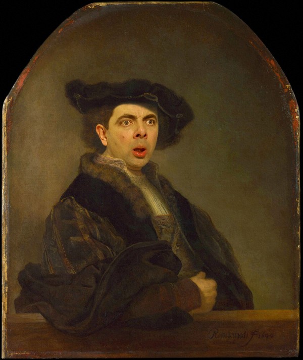 Die Mischung alter Kunst mit neuen Bildern schreitet fort: diesmal photoshoppte ein Karikaturist Mr. Bean in alte Gemälde, wie dieses Selbstportrait von Rembrandt.