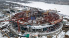 FILE - In this Sunday, Feb. 15, 2015, file aerial view of the the construction site of the new Zenit Stadium  which will host