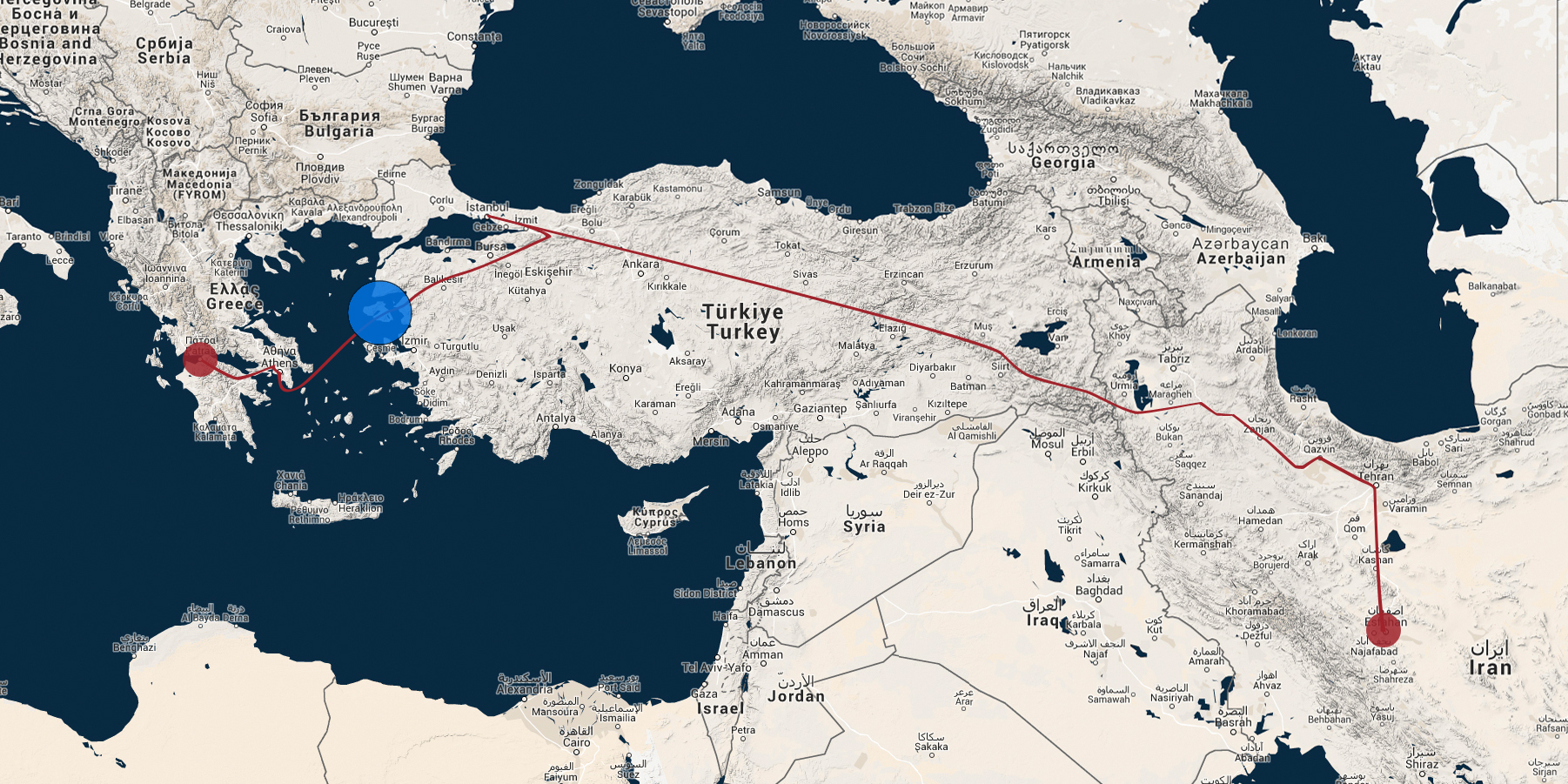Die ungefähre Route von Javeds Flucht aus dem Iran bis nach Griechenland.