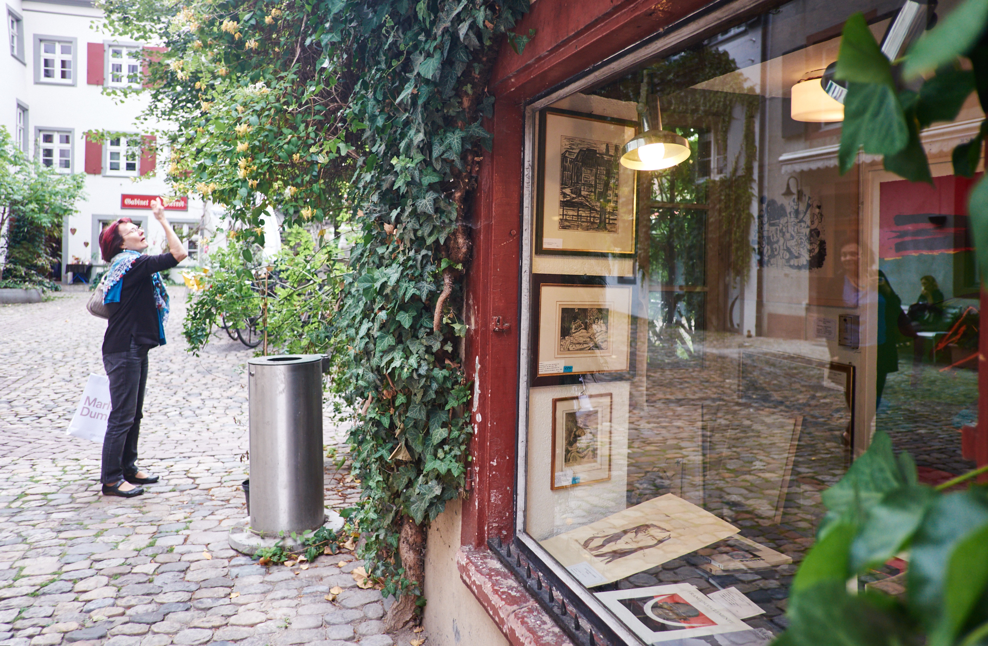 Eiblick in das Efeu bewachsene Schaufenster am Eingang des Andreasplatzes.
