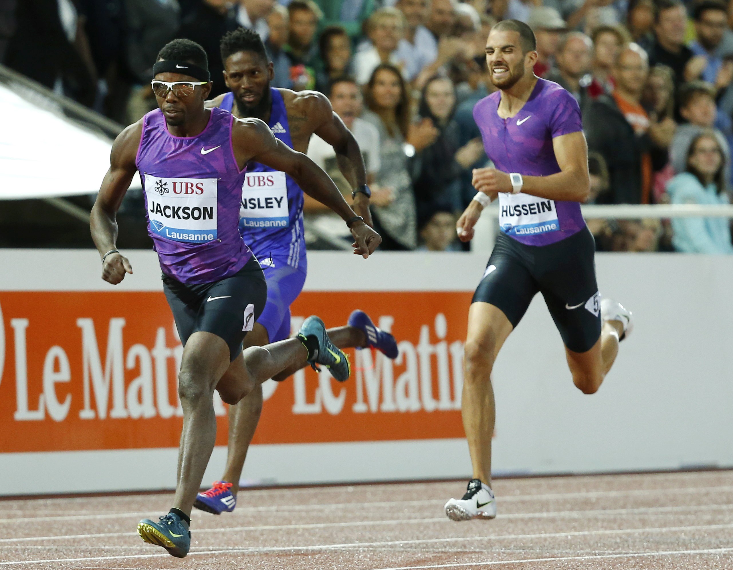 Bershawn Jackson of the U.S., Michael Tinsley of the U.S. and Kariem Hussein of Switzerland (L-R) compete in the 400 metres hurdles men event at the IAAF Diamond League Athletissima athletics meeting at the Pontaise Stadium in Lausanne, Switzerland, July 9, 2015. REUTERS/Pierre Albouy