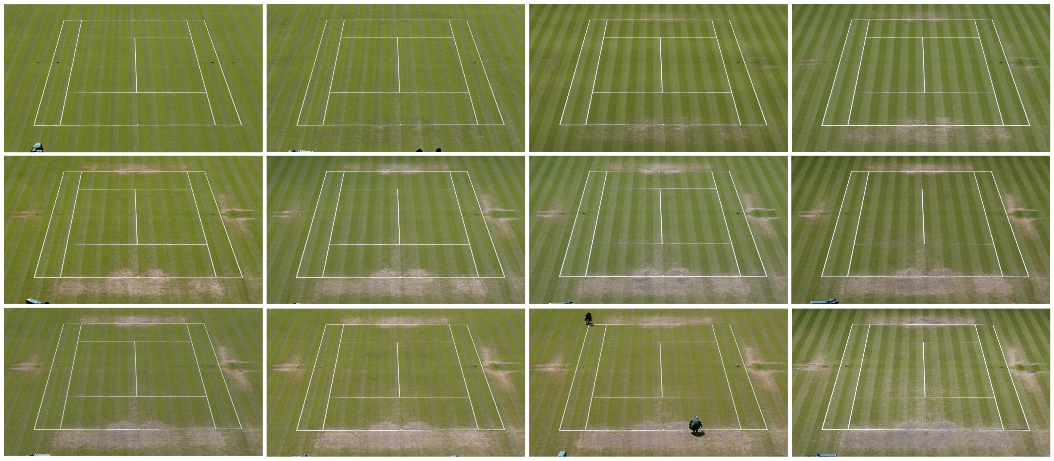 A combination of images show the grass surface of Centre Court at the All England Lawn Tennis and Croquet Club during the Wimbledon Tennis Championships from June 29 to July 12, 2015. The Wimbledon Tennis Championships is the only Grand Slam tournament that is played on grass, a surface that wears over the course of the two week competition. REUTERS/Stefan Wermuth