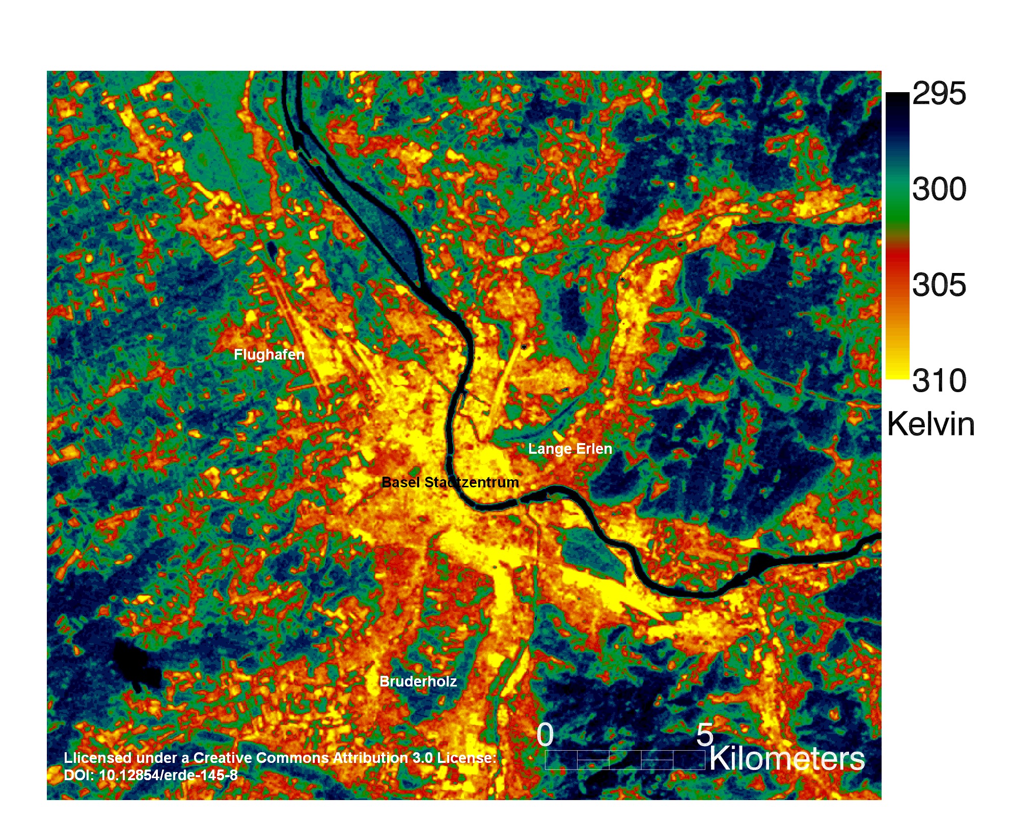 Aus solchen Satellitenbildern gewinnen die Forscher Informationen zur Oberflächentemperatur in der Stadt. Das Bild zeigt die Region Basel an einem sonnigen Augusttag im Jahr 2000. Schön erkennbar ist der kühle Rhein (dunkelblau). Die Innenstadt und der Flughafen sind am heissesten (gelb), stadtnahe Wohngebiete mit Gärten etwas weniger warm (orange, rot). Angenehm kühl (blau, grün) sind die umliegenden Wälder und Grünflächen wie die Lange Erlen.