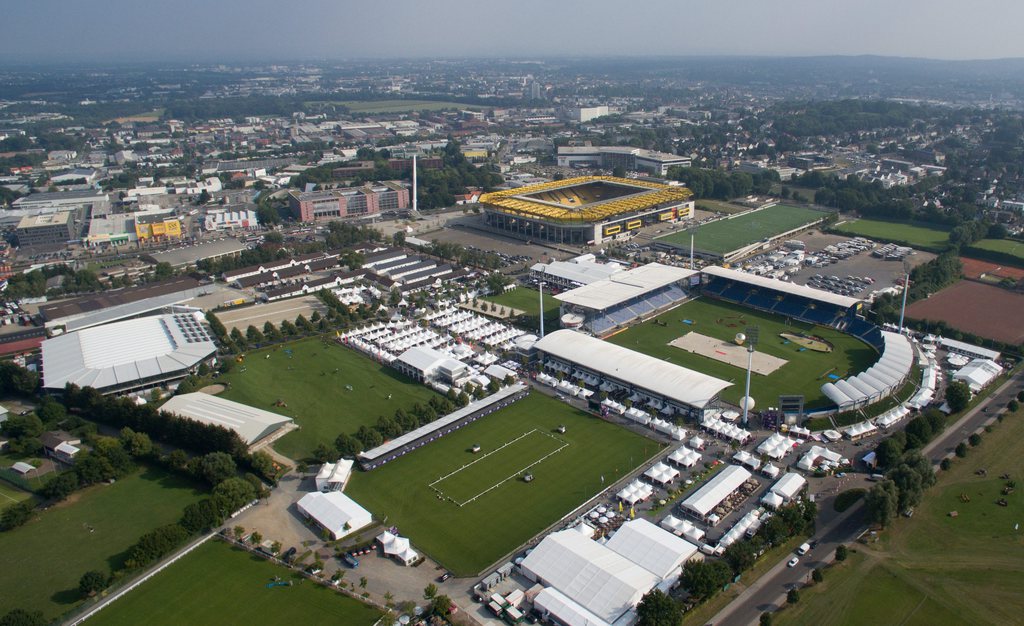 epa04880139 An aerial view of the grounds where the FEI Equestrian European Championships will be held, in Aachen, Germany, 11 August 2015. The FEI European Championships run from 11 - 23 August 2015. EPA/FRISO GENTSCH