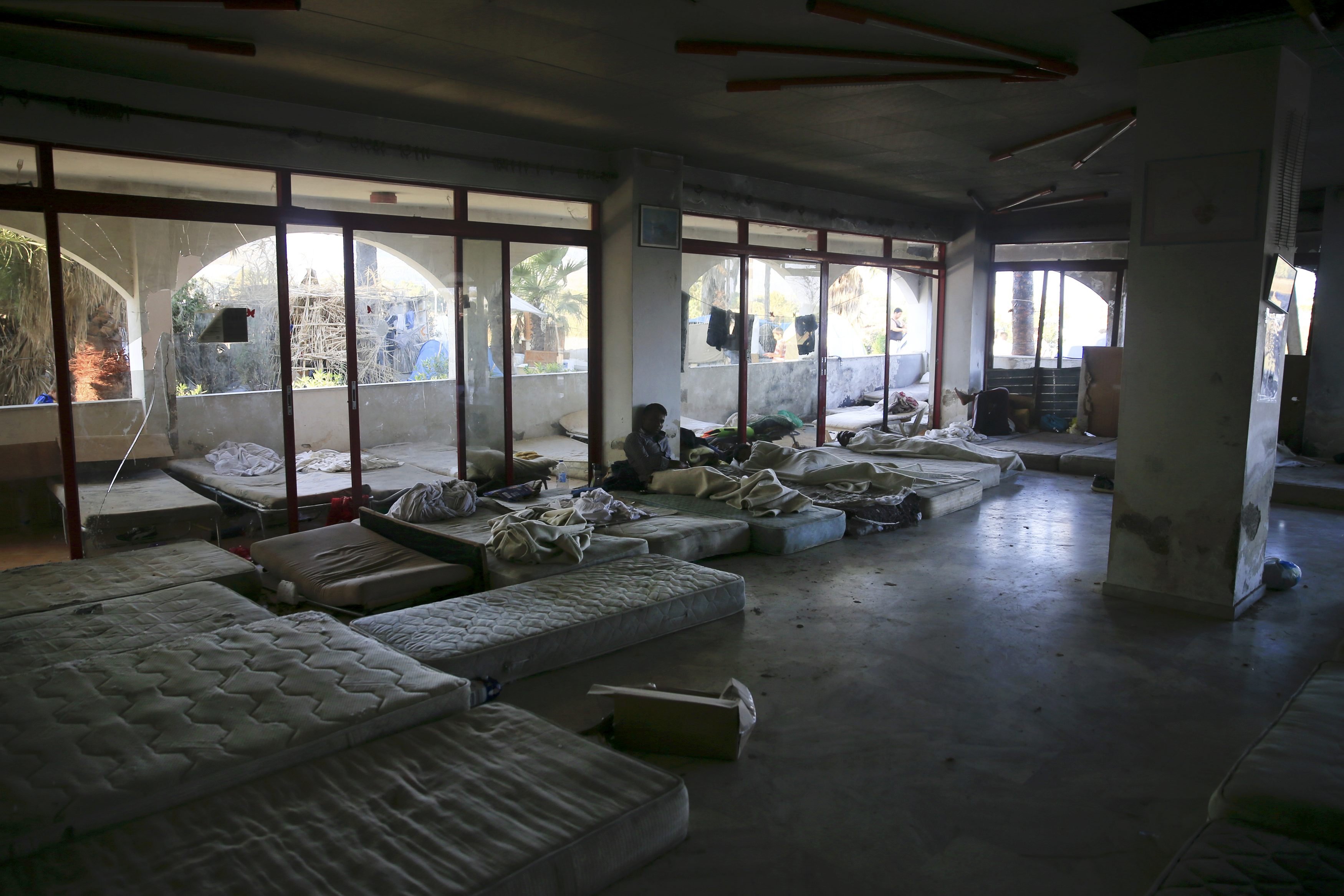 Mattresses used by migrants are seen at the lobby of a deserted hotel on the Greek island of Kos, August 13, 2015. The United Nations refugee agency (UNHCR) called on Greece to take control of the 