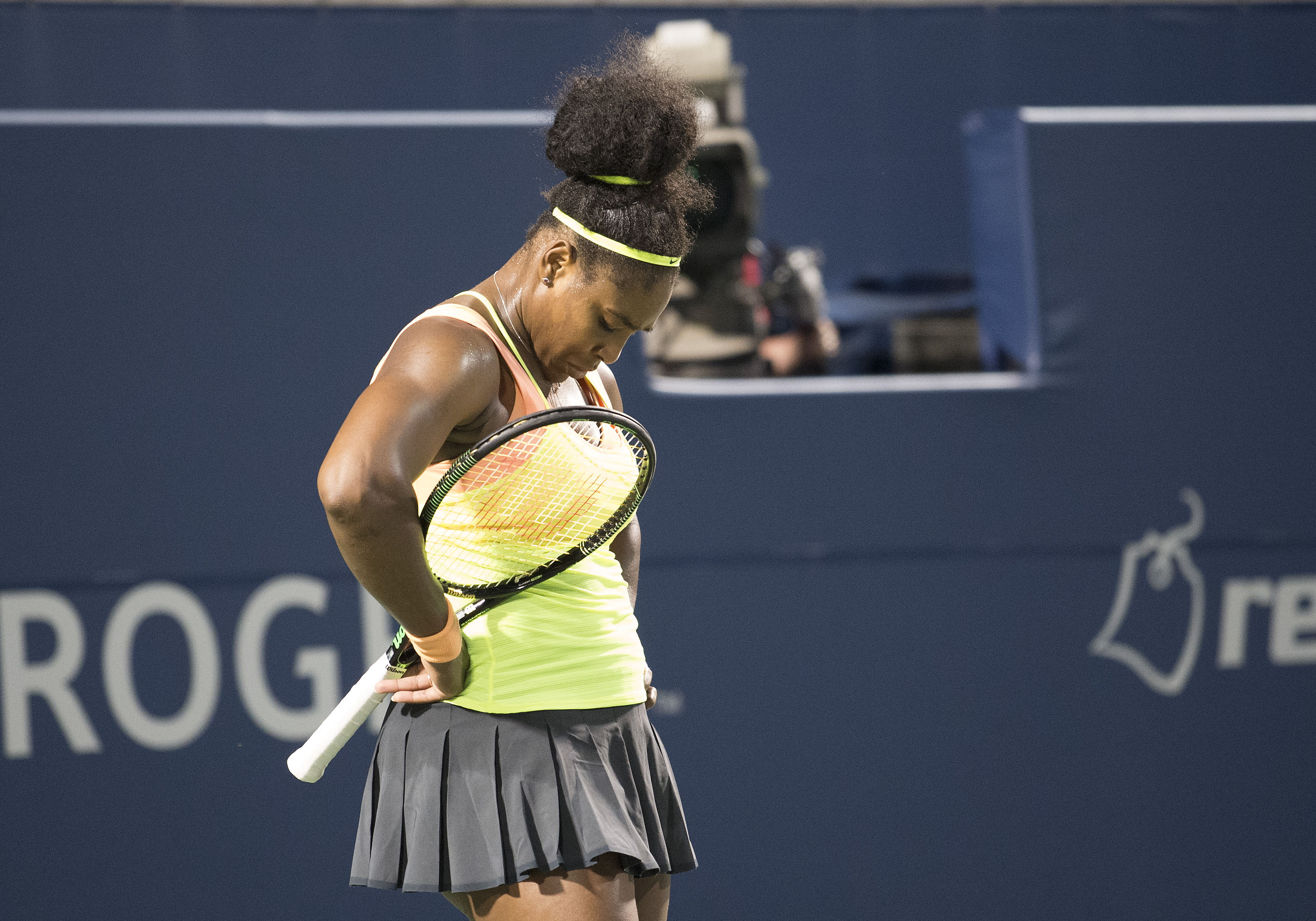 Aug 15, 2015; Toronto, Ontario, Canada; Serena Williams of the USA reacts in her semi final match against Belinda Bencic of Switzerland (not pictured) during the Rogers Cup tennis tournament at the Aviva Centre. Belinda Bencic won 3-6 7-5 6-4. Mandatory Credit: Nick Turchiaro-USA TODAY Sports