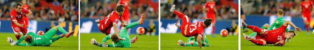 In this combo of images England goalkeeper Joe Hart saves at the feet of Switzerland�s Xherdan Shaqiri during the Euro 2016 Group E qualifying soccer match between England and Switzerland at Wembley stadium in London, England, Tuesday, Sept. 8, 2015 . (AP Photo/Frank Augstein)