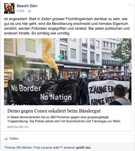 Sicherheitsdirektor Baschi Dürr äussert sich auf Facebook zur Kundgebung vom Freitagabend.