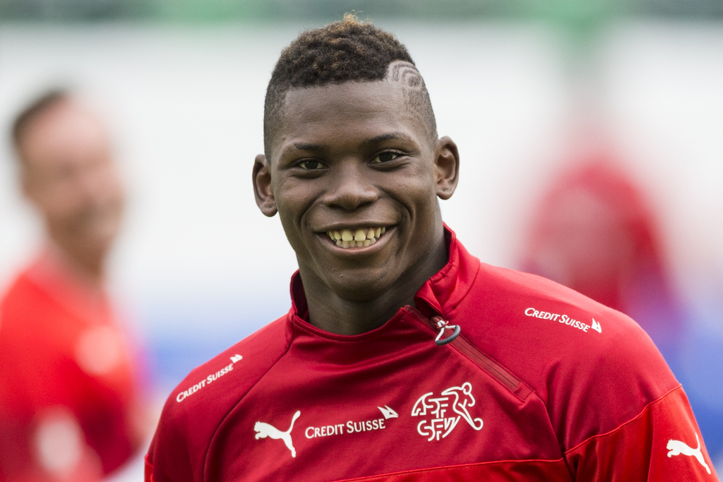 Breel Embolo of Switzerland is pictured during a training session prior to the UEFA EURO 2016 qualifying soccer match Switzerland against San Marino, on Thursday, October 8, 2015, at the AFG stadium in St. Gallen, Switzerland. (KEYSTONE/Gian Ehrenzeller)..